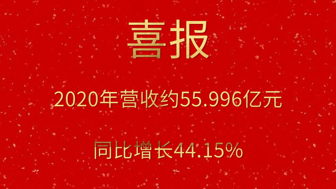 喜报！2020年营收约55.996亿元，，，，，同比增添44.15%